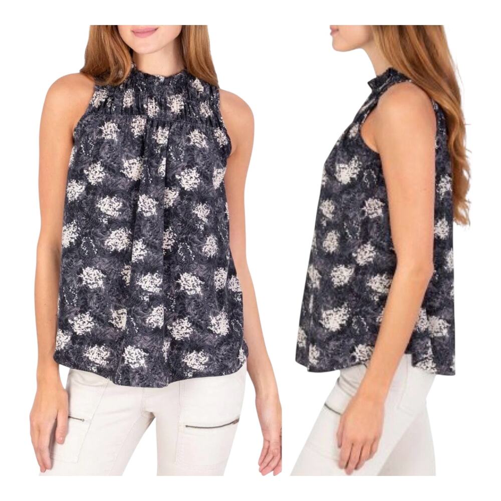 Joie Blouse Womens Medium Navy Ivory Floral Sleeveless Smocked High Neck Keyhole